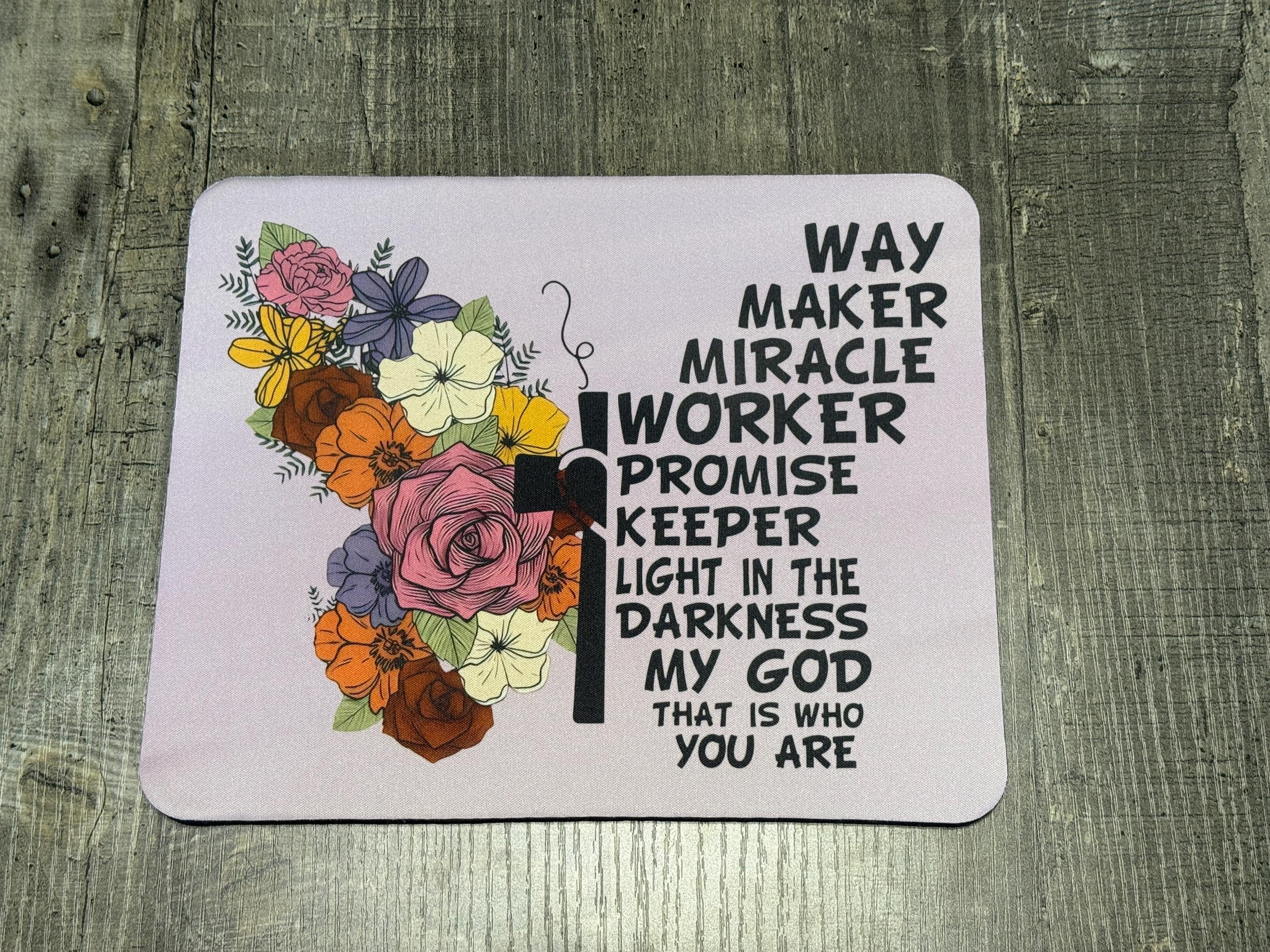 Way Maker Christian Mouse Pad – Floral Cross Design with Worship Lyrics