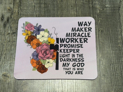 Way Maker Christian Mouse Pad – Floral Cross Design with Worship Lyrics