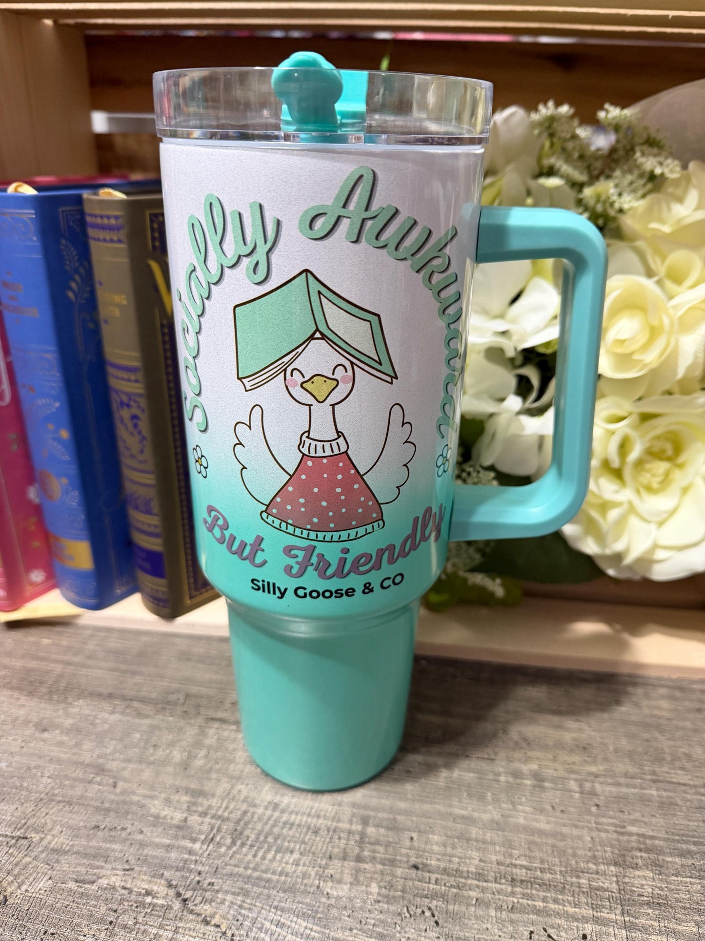 Socially Awkward But Friendly Tumbler – 40oz Stanley Style Bookish Goose Cup – Green Ombre Reader Gift – Silly Goose & Co
