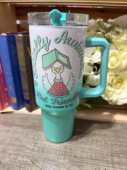 Socially Awkward But Friendly Tumbler – 40oz Stanley Style Bookish Goose Cup – Green Ombre Reader Gift – Silly Goose & Co