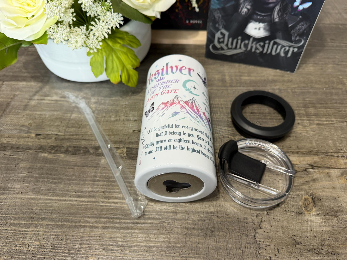 Quicksilver Inspired 4 in 1 Can Cooler | Saeris Fane & Kingfisher Tumbler | Fantasy Romance Bookish Cup | Reader Gift | Insulated Drinkware