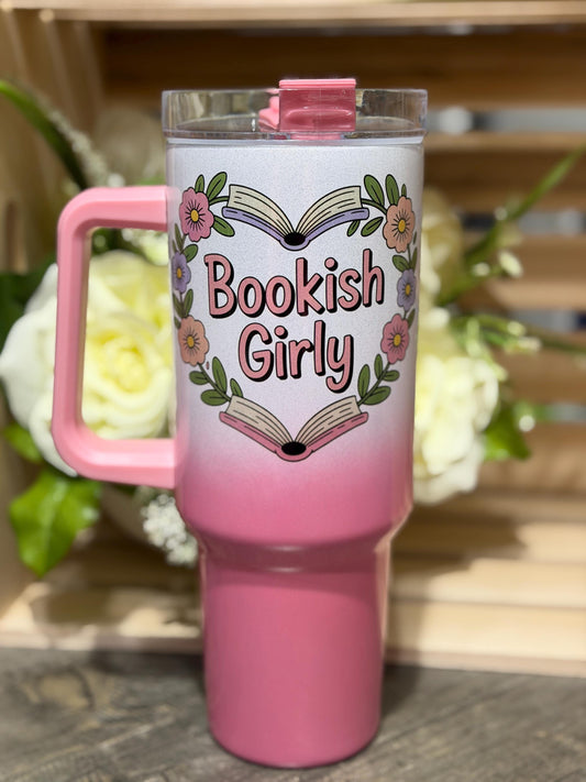 Pink Ombre Bookish Girly 40oz Tumbler | Book Lover Cup | Stanley Style Insulated Reading Tumbler | Floral Book Aesthetic Gift