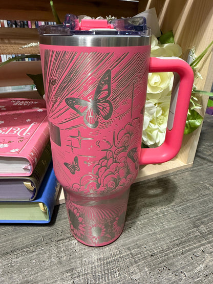 Pink Butterfly Cross 40oz Tumbler with Handle | Faith Inspired Engraved Stanley Style Cup | Christian Gift for Women | Floral Jesus Cup