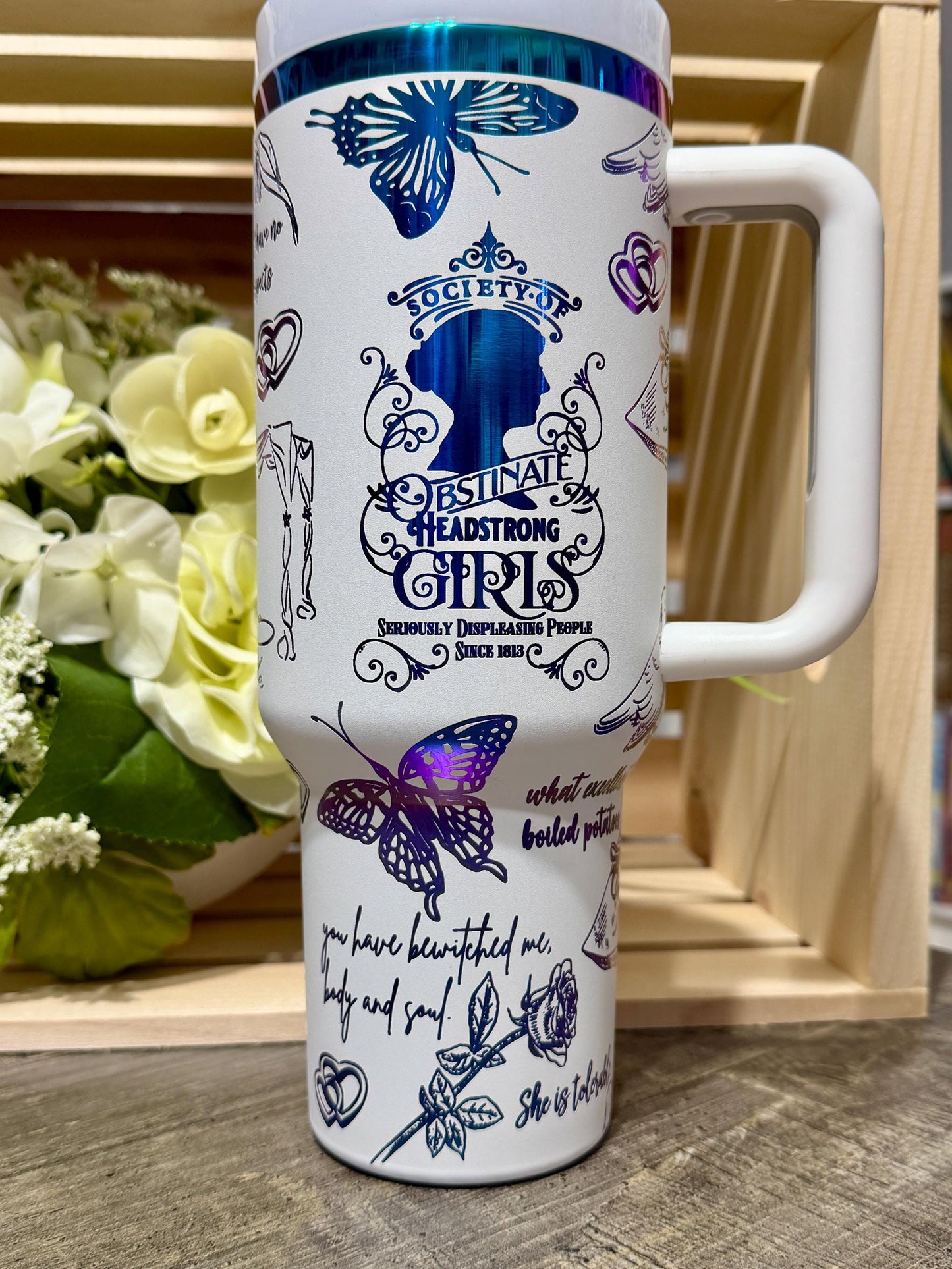 Pride and Prejudice Stanley Style 40oz Engraved Tumbler | White Rainbow Bookish Cup | Jane Austen Inspired Gift | Romance Reader Mug