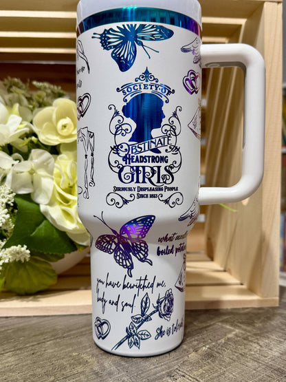 Pride and Prejudice Stanley Style 40oz Engraved Tumbler | White Rainbow Bookish Cup | Jane Austen Inspired Gift | Romance Reader Mug