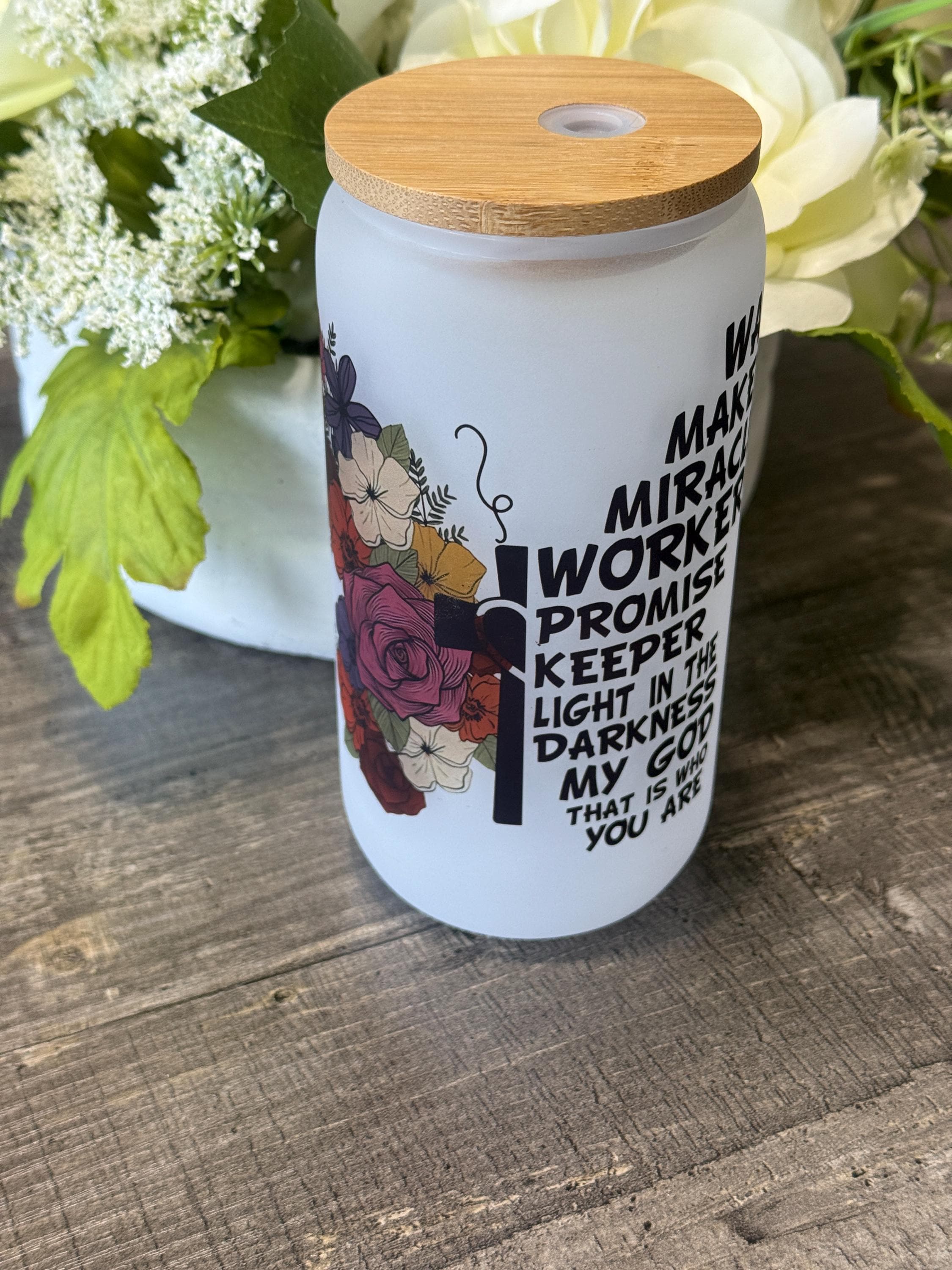 Way Maker Miracle Worker Tumbler | 16oz Frosted Glass with Bamboo Lid & Straw | Christian Gift
