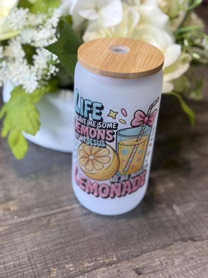 Life Gave Me Lemons Jesus Made Lemonade | 16oz Frosted Glass Tumbler with Bamboo Lid & Straw | Christian Gift, Faith Drinkware