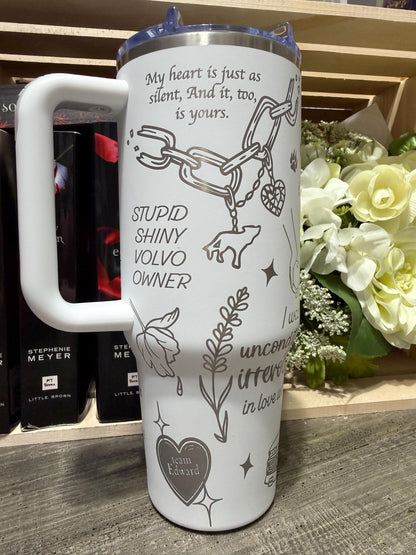 Twilight Inspired 40oz Engraved Tumbler with Handle – Bookish Gift – “And So the Lion Fell in Love with the Lamb”