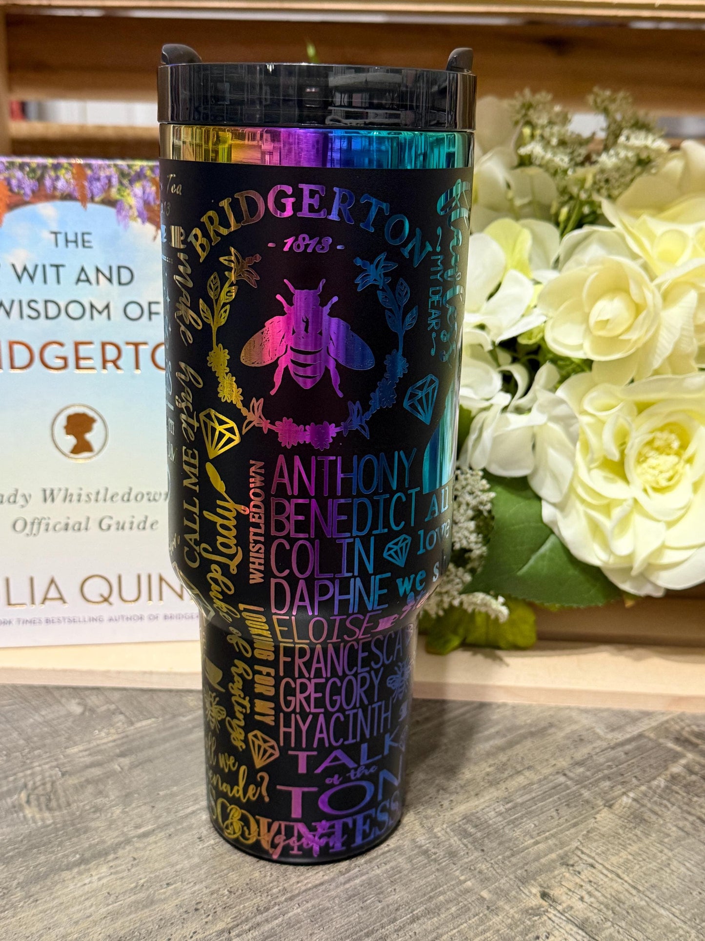 Bridgerton Inspired 40oz Engraved Tumbler | Rainbow Engraved Stanley Inspired Cup | Regency Romance Gift | Tea Lover Stainless Steel Mug