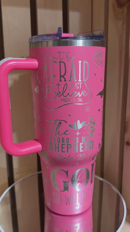 Christian 40oz Engraved Tumbler with Handle | Bible Verse Tumbler | Trust in the Lord | Faith-Based Gift for Women | Pink Christian Cup